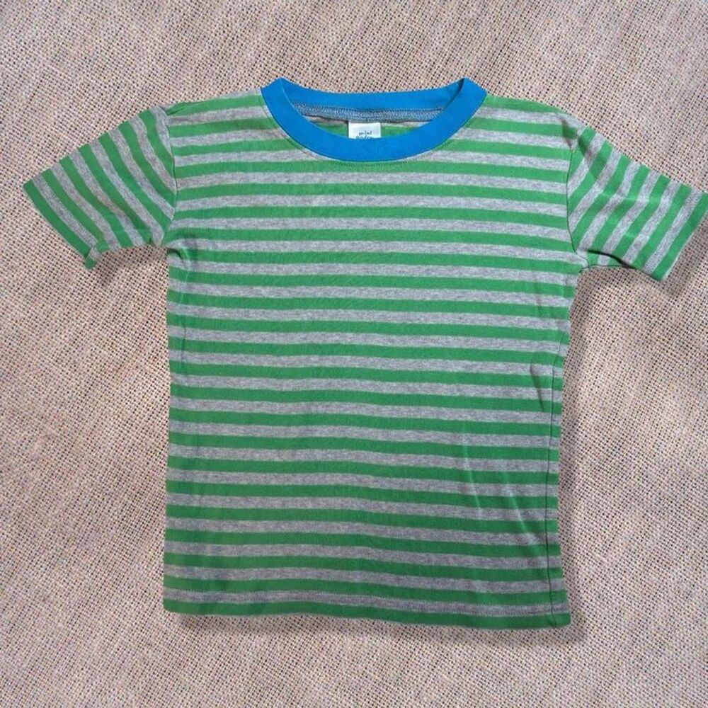 Mini Boden Boys Pajama Top 7Y Green Gray Stripe Short Sleeve Sleepwear